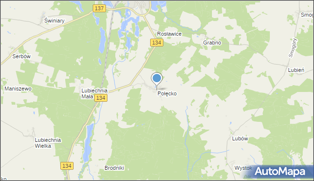 mapa Połęcko, Połęcko gmina Ośno Lubuskie na mapie Targeo